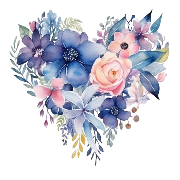 Um coração de flores com rosas azuis e cor de rosa.