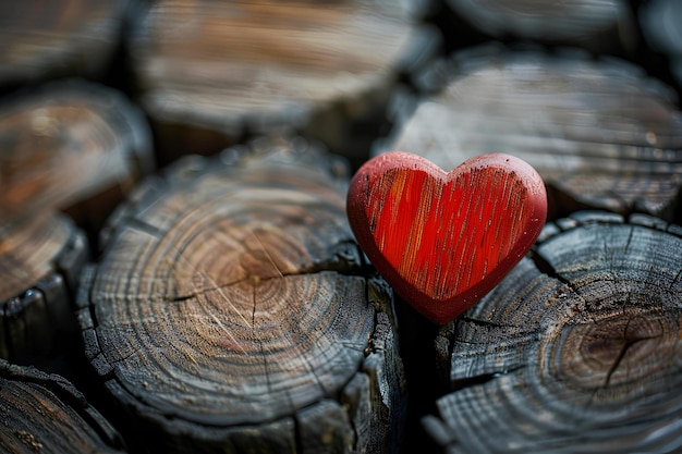 Foto um coração de madeira sentado em cima de uma pilha de troncos