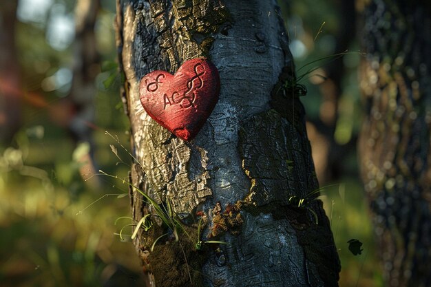 Um coração em forma de coração com as iniciais " Eu te amo " numa árvore.