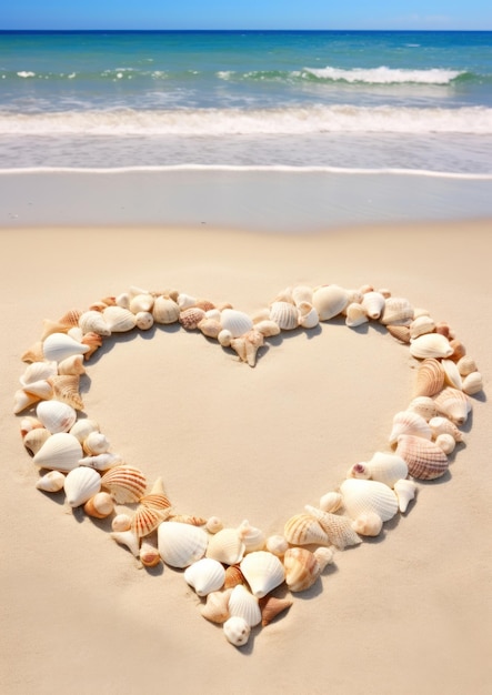um coração feito de conchas na areia