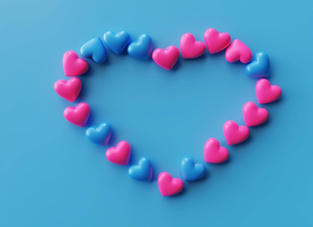 Um coração feito de corações rosa e azuis é colocado sobre um fundo azul.