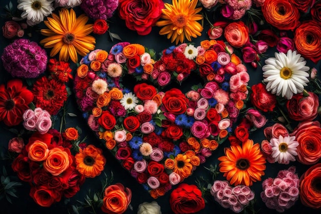 Um coração feito de flores com um coração que diz amor