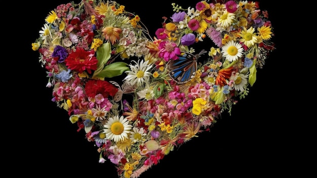 Um coração feito de flores é mostrado com uma borboleta no meio.