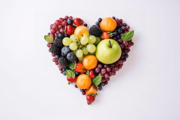 Um coração feito de frutas em um fundo branco