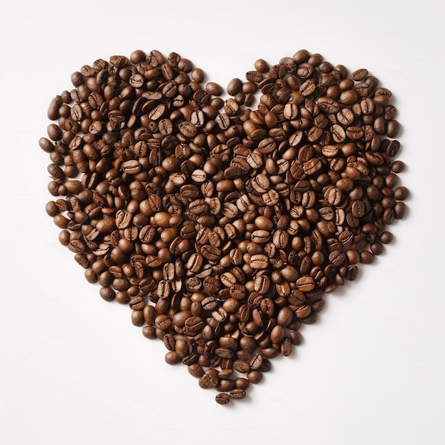 Um coração feito de grãos de café é mostrado com a palavra café nele.