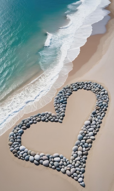 Um coração feito de rochas numa praia.