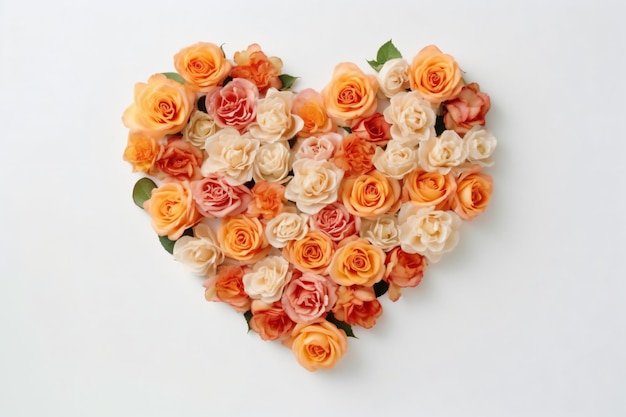 Um coração feito de rosas em um fundo branco