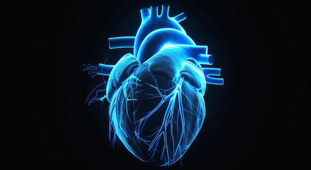 Um coração humano azul brilhante contra um fundo preto destacando a aparência única do coração Ilustração médica conceito de anatomia do sistema cardiovascular