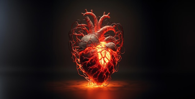 um coração humano com um brilho laranja e amarelo atrás