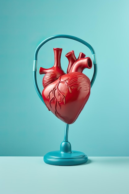 um coração médico em um estetoscópio em um fundo azul no estilo de vermelho claro e cinza claro