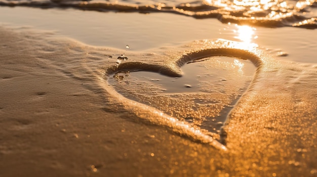 Um coração na areia com o sol se pondo atrás dele