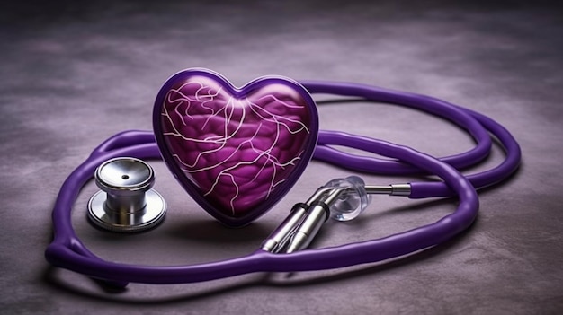 Um coração roxo com um estetoscópio fica ao lado de um dispositivo médico em forma de coração.