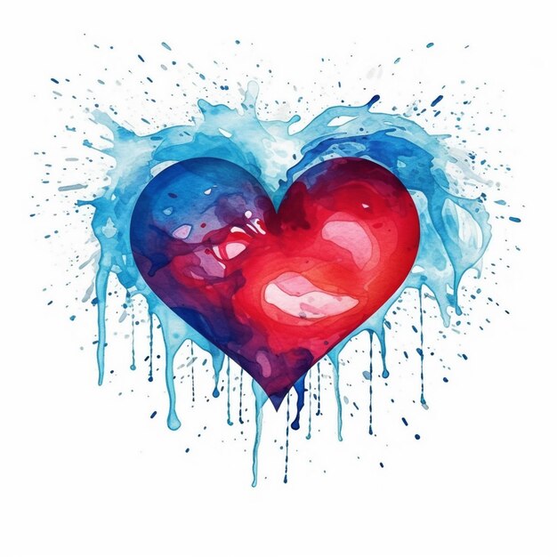 Um coração vermelho com cores azuis e vermelhas é cercado por salpicos de tinta