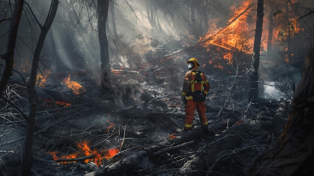 Um corajoso bombeiro de pé no meio dos restos fumegantes de um incêndio florestal pesquisando a paisagem carbonizada e avaliando os danos na sequência do incêndio