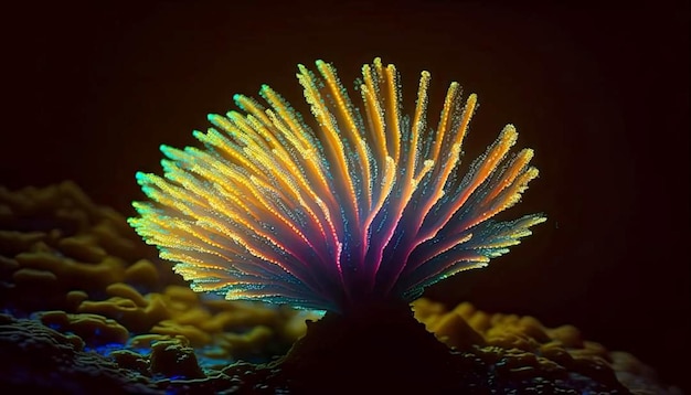 Um coral neon que se ilumina com um fundo preto.