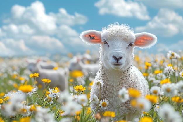 Um cordeiro bonito num campo de flores de prado