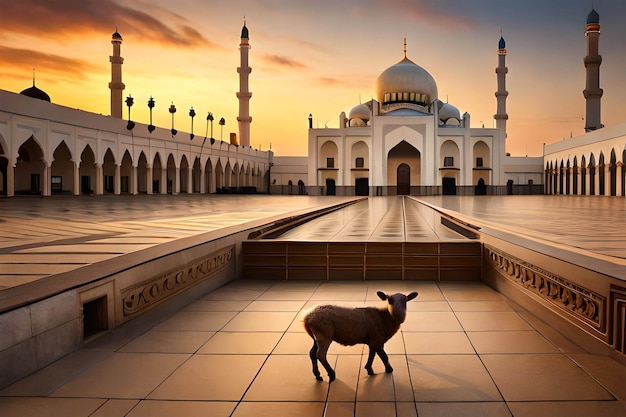 Um cordeiro fica em frente a uma mesquita ao pôr do sol.