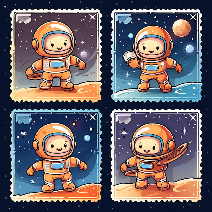Foto um corgi colorido com traje de astronauta flutuando no espaço com uma ideia de coleção de selos de animais