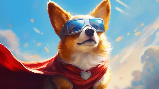 Um corgi inteligente com uma capa e óculos gerados por IA