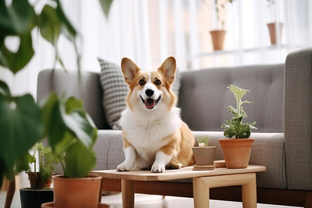 Um Corgi sentado no sofá-cama cinza para animais de estimação na sala de estar Generative AI