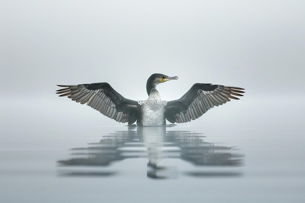 Um cormorão de duas cristas a secar as asas