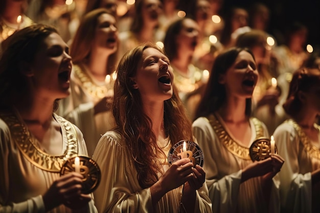 Um coro angélico cada membro segurando um Bitcoin cantando harmonias que ressoam através dos céus