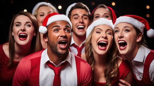 Um coro realizando um concerto de Natal em trajes tradicionais