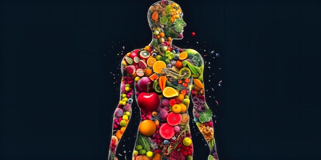 Um corpo humano feito com várias frutas e legumes