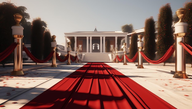 Um corredor com cortinas vermelhas e um tapete vermelho