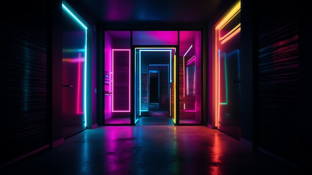 Um corredor com luzes neon e uma porta que diz 'neon' nela