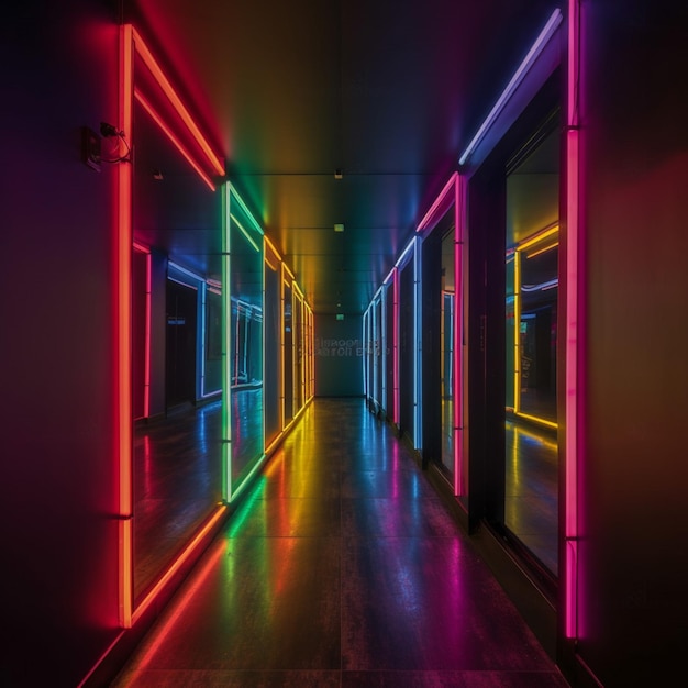 Um corredor com luzes neon nas paredes e uma placa que diz 'neon' on it
