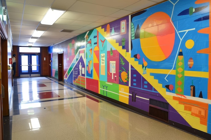 Foto um corredor com um mural colorido pintado na parede iluminando o espaço com uma variedade de cores e desenhos um mural colorida pintado naparede mostrando vários assuntos acadêmicos