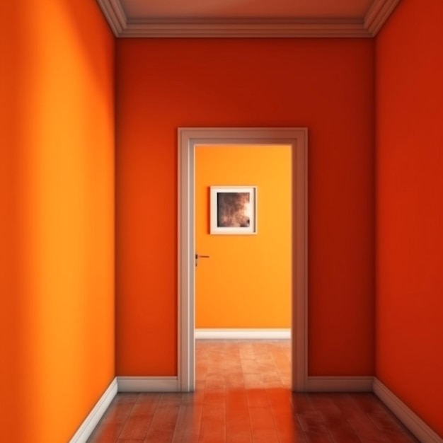 Um corredor com uma porta branca e uma pintura na parede.
