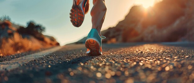 Um corredor corre na estrada com os pés fechados