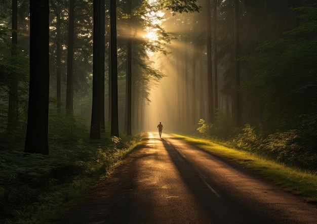 Um corredor correndo em uma estrada florestal no início da manhã