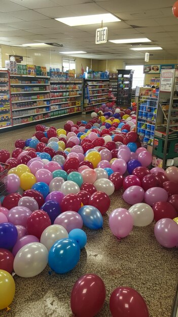 Um corredor da loja está cheio de balões de várias cores