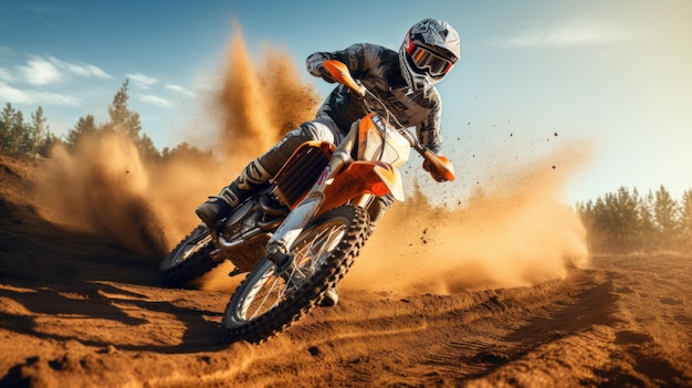 Um corredor de motocicleta de motocross ou corredor de máquina de cruzamento atravessa o deserto e faz curvas na areia