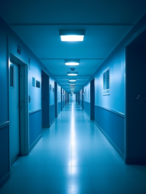 Um corredor do hospital com paredes azuis e barragens metálicas Um corridor do hospital com iluminação azul vibrante