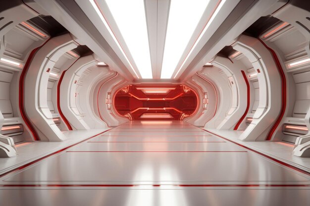 Um corredor em uma nave espacial futurista Corredor dentro da estação espacial Ilustração de IA generativa