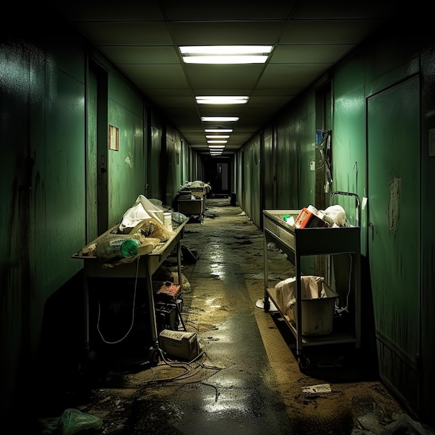 Um corredor escuro com lixo e equipamentos de hospital