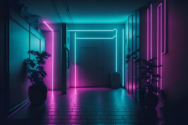 Um corredor escuro com luzes neon e uma porta que diz 'casa das luzes'