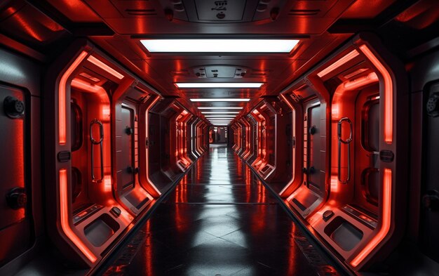 Um corredor escuro com luzes vermelhas e uma luz vermelha no teto.