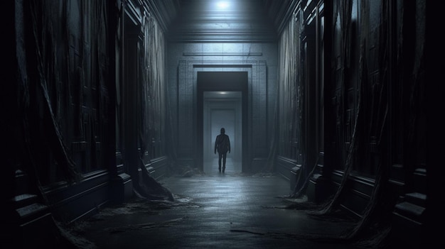 Um corredor escuro com uma porta e uma pessoa de pé