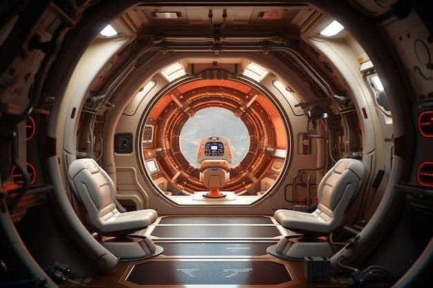 um corredor espacial futurista com iluminação laranja