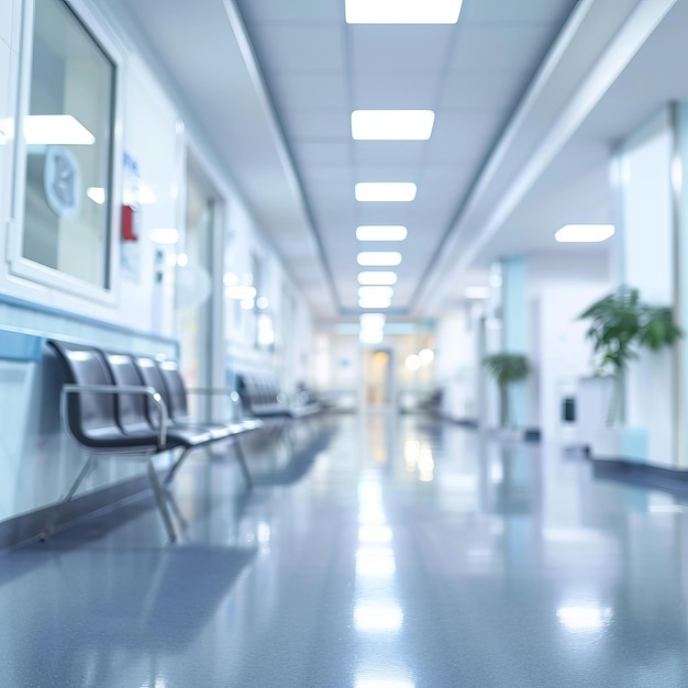 Um corredor hospitalar moderno brilhando com foco na saúde e um trabalho gerador de IA