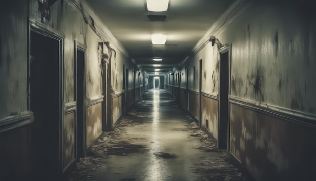 Um corredor misterioso, mal iluminado, com paredes descascadas, num hotel deserto, insinuando mistério e decadência.