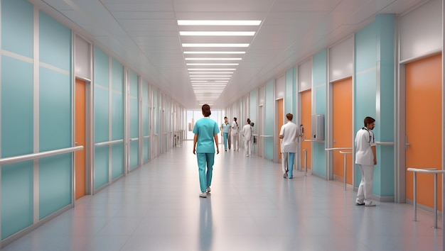 Um corredor moderno do hospital com iluminação limpa e brilhante, cheio de atividade