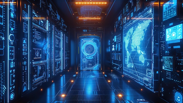 Um corredor num centro de dados futurista com ecrãs holográficos que exibem dados complexos e imagens do mundo