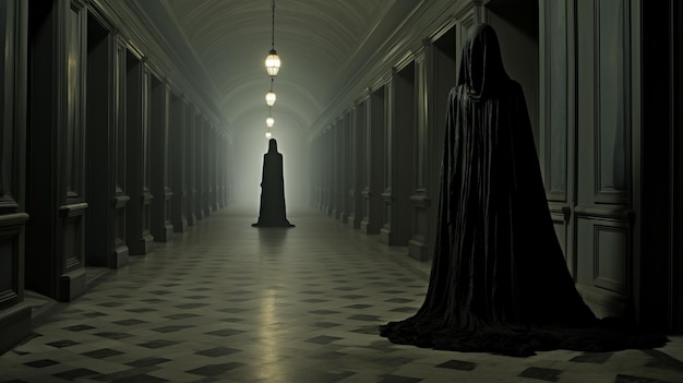 Um corredor sombrio sinistro com figuras clássicas e uma presença misteriosa.