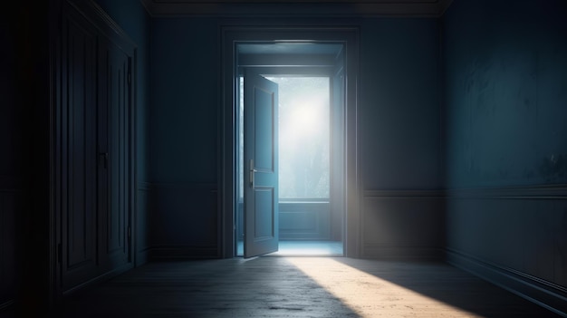 Um corredor vazio com uma luz brilhante brilhando através da porta Generative ai